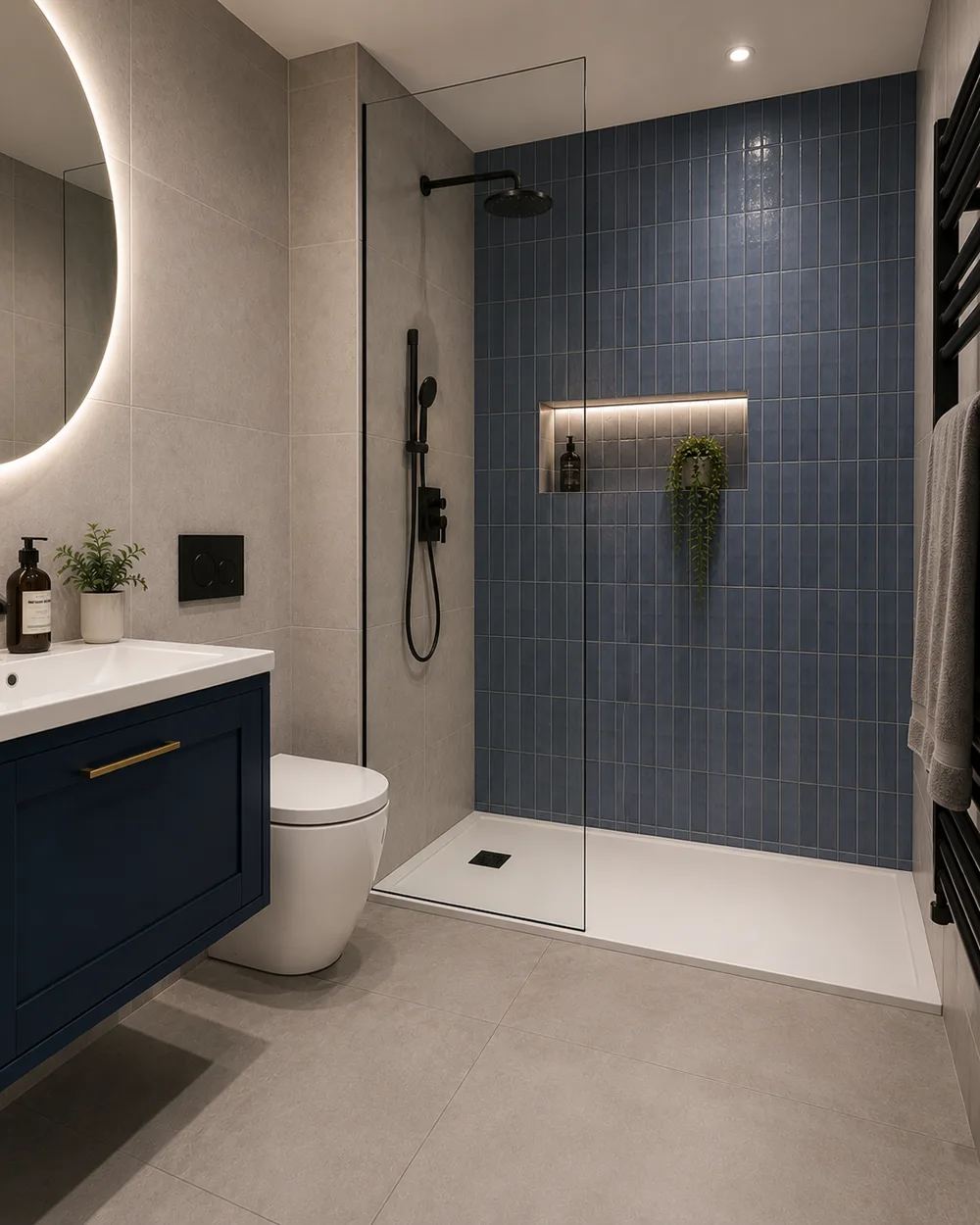 Design inspiration: navy tiled walk-in shower with a floating vanity in a modern bathroom