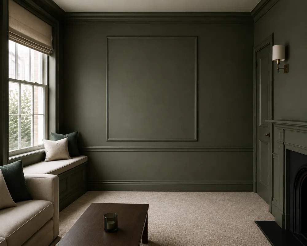 Design inspiration: olive green walls, trim and panelling all colour-matched in one tone