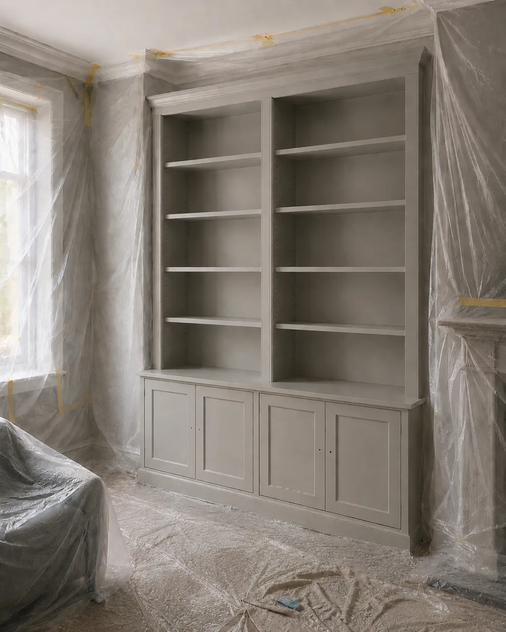 Design inspiration: built-in bookshelf and cabinetry sprayed in a soft grey finish