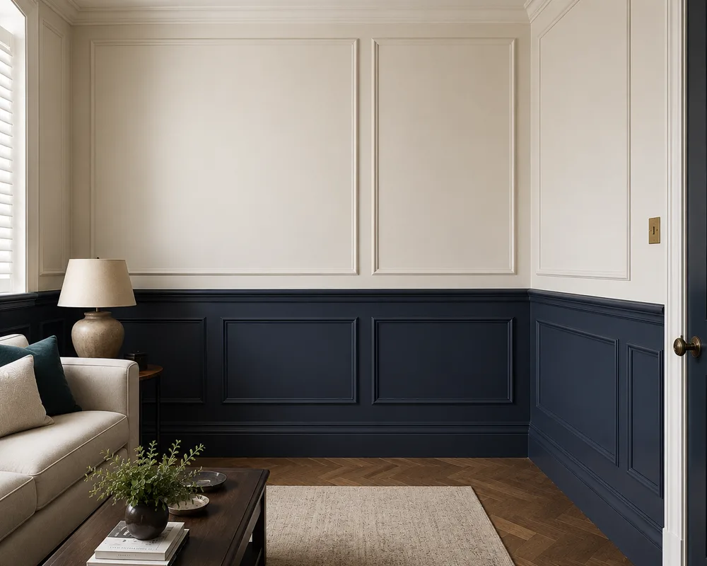 Design inspiration: navy and cream two-tone painted wall panelling with a herringbone floor