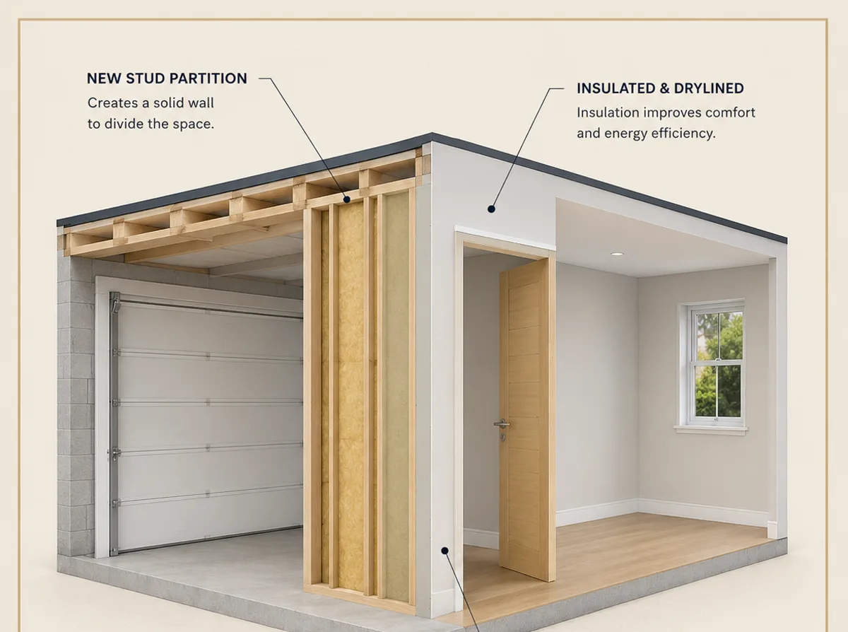 Illustrative diagram: garage partition conversion showing a new insulated stud wall dividing the garage from a new room, with a new door opening between them