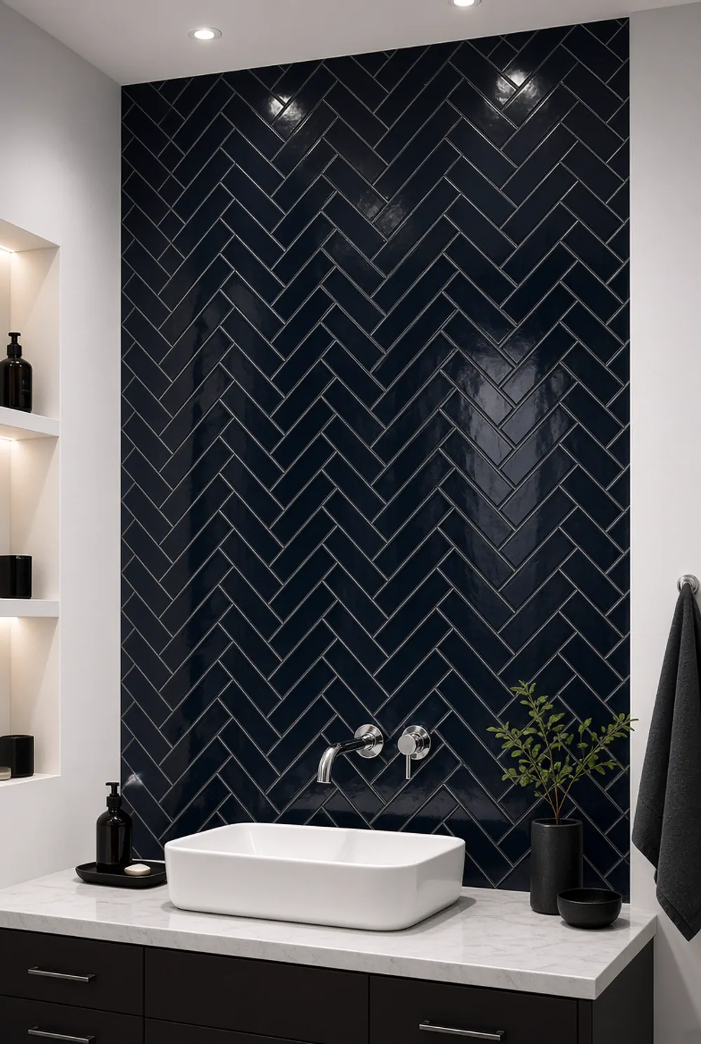Design inspiration: dark herringbone-laid tile as a bathroom feature wall behind a countertop basin