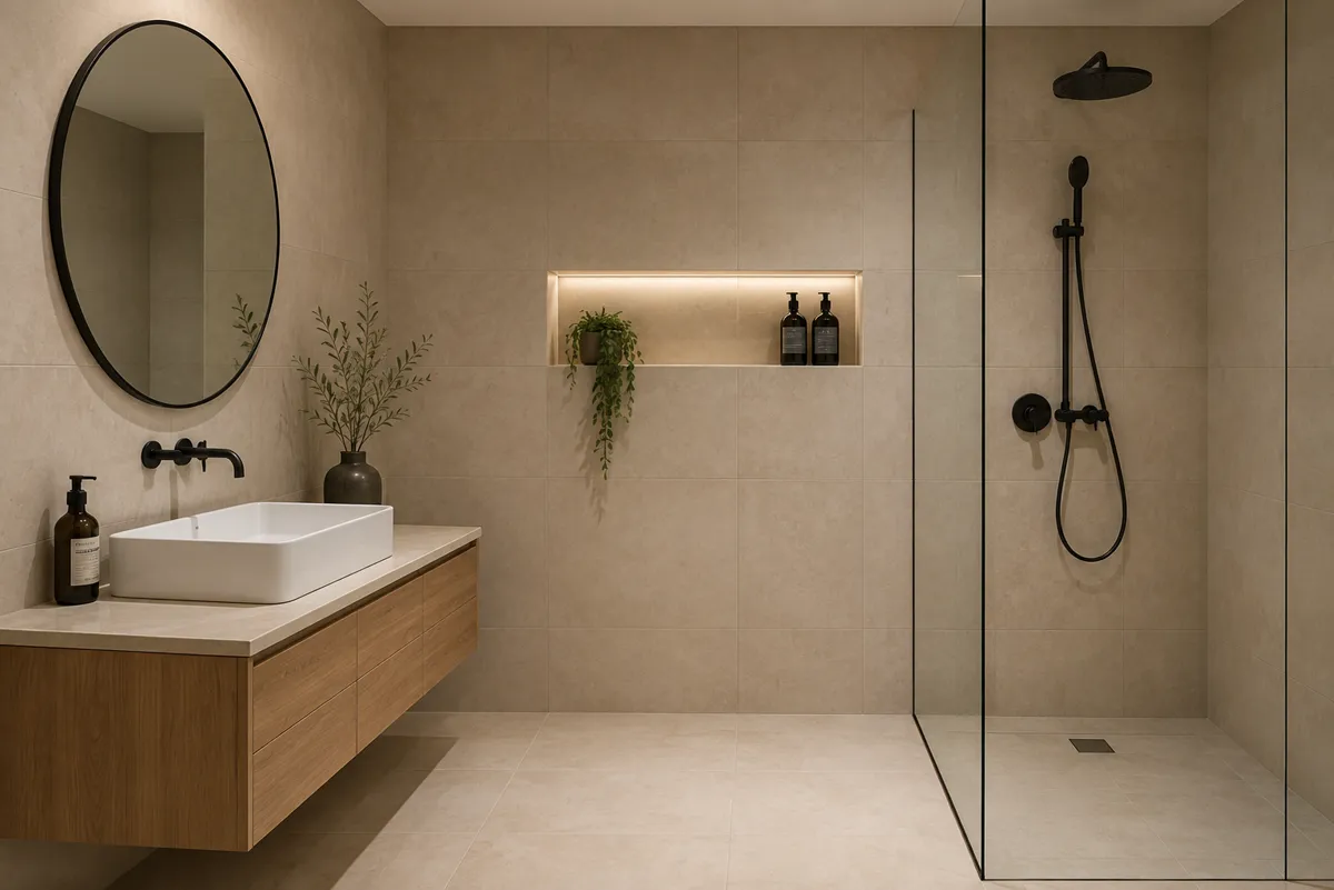Design inspiration: large-format wall tiling in a walk-in shower and vanity area