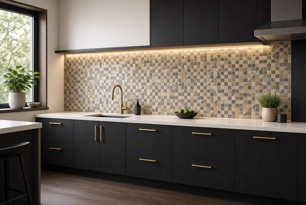Design inspiration: geometric mosaic tile splashback behind a kitchen sink