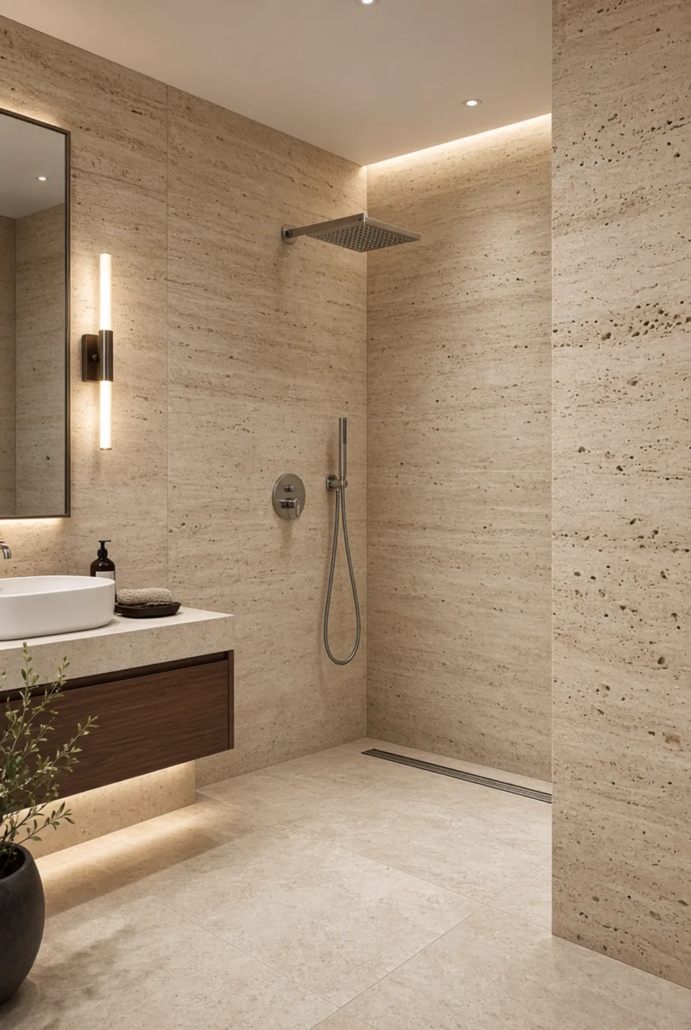 Design inspiration: travertine natural stone tiling through a walk-in wet-room shower